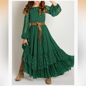 🌿 MITILLY Girls Emerald Green Lace Maxi Dress | Size 10–11Y | Boho Party Dress